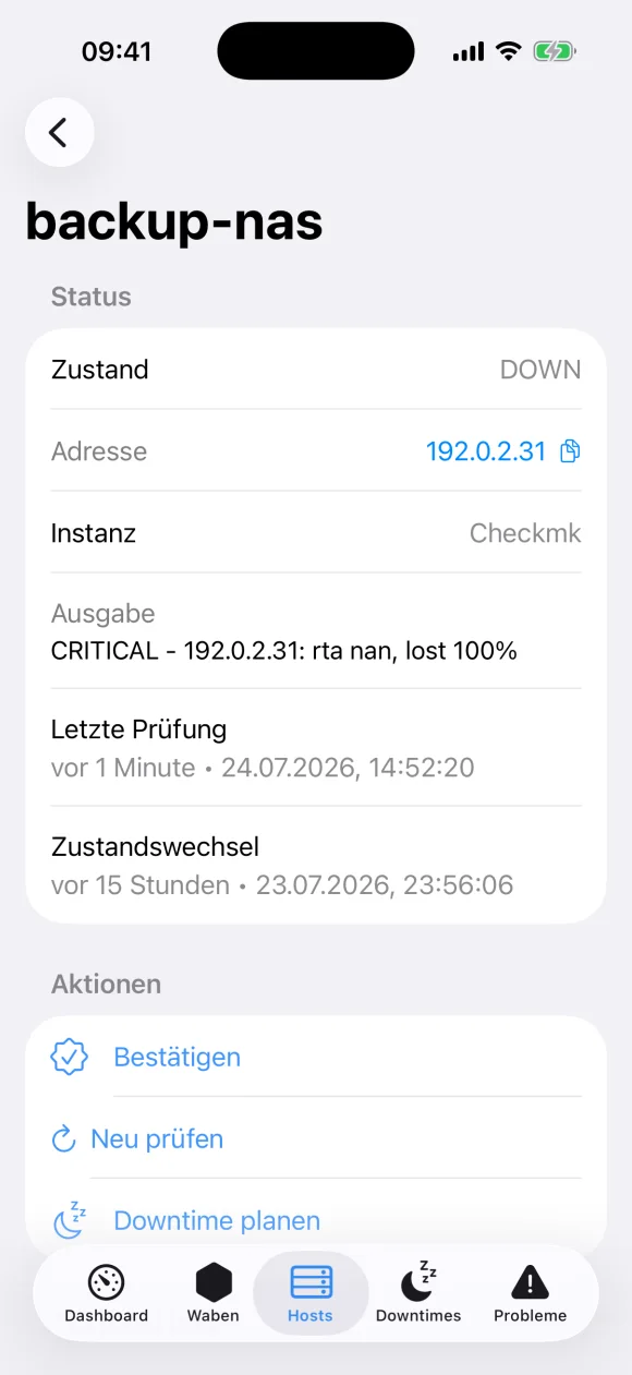 NocMate Host-Detail mit Aktionen: Bestätigen, Neu prüfen, Downtime